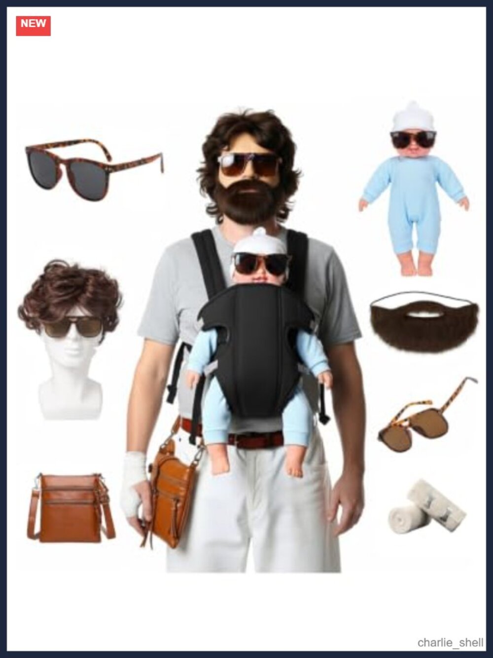Funny Halloween Costume Accessory Set Men One Size Wig Beard Doll